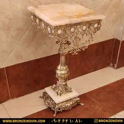 خرید و قیمت میز تلفن برنزی طرح آفتابگردان پایه سنگی مربع