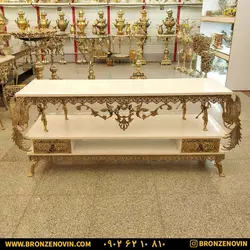 میز تلویزیون برنز (برنجی) مدل سیمرغ با صفحه هایگلاس و ضمانت