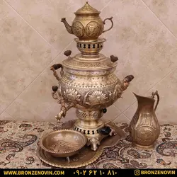 سماور برنجی گازی مدل شیر و خورشید قلم دست 8 لیتری با سرویس