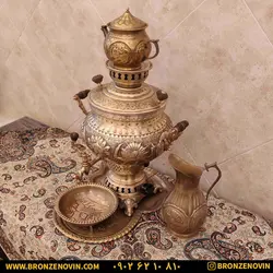 سماور برنجی گازی مدل شیر و خورشید قلم دست 8 لیتری با سرویس