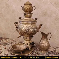 سماور برنجی گازی مدل شیر و خورشید قلم دست 8 لیتری با سرویس