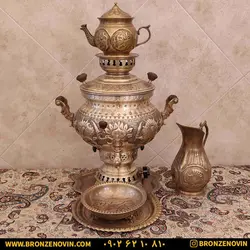 سماور برنجی گازی مدل شیر و خورشید قلم دست 8 لیتری با سرویس