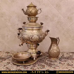 سماور برنجی گازی مدل شیر و خورشید قلم دست 8 لیتری با سرویس