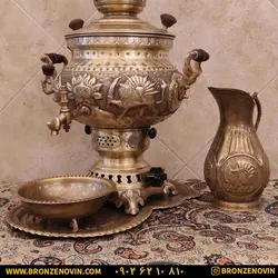 سماور برنجی گازی مدل شیر و خورشید قلم دست 8 لیتری با سرویس