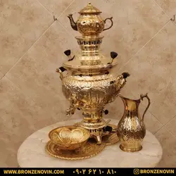 خرید و قیمت سماور برنجی گازی 8 لیتری قلم با سرویس| برنز نوین