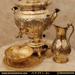 خرید و قیمت سماور برنجی گازی 8 لیتری قلم با سرویس| برنز نوین