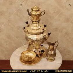 خرید و قیمت سماور برنجی گازی 8 لیتری قلم با سرویس| برنز نوین
