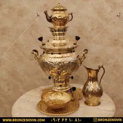 خرید و قیمت سماور برنجی گازی 8 لیتری قلم با سرویس| برنز نوین