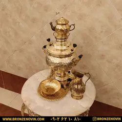 خرید و قیمت سماور برنجی گازی 8 لیتری قلم با سرویس| برنز نوین