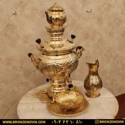 خرید و قیمت سماور برنجی گازی 8 لیتری قلم با سرویس| برنز نوین
