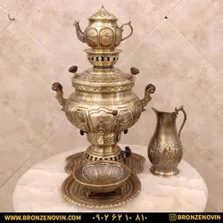 خرید و قیمت سماور برنجی گازی 8 لیتری قلم با سرویس| برنز نوین