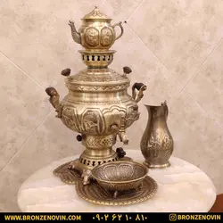 خرید و قیمت سماور برنجی گازی 8 لیتری قلم با سرویس| برنز نوین