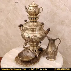 خرید و قیمت سماور برنجی گازی 8 لیتری قلم با سرویس| برنز نوین