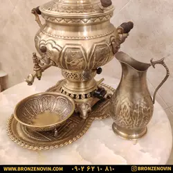 خرید و قیمت سماور برنجی گازی 8 لیتری قلم با سرویس| برنز نوین