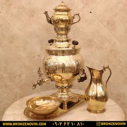 خرید و قیمت سماور برنجی زغالی 6 لیتری ساده زرد با سرویس