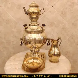 خرید و قیمت سماور برنجی زغالی 6 لیتری ساده زرد با سرویس