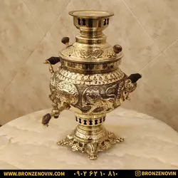 خرید و قیمت سماور شیر و خورشید برنجی زغالی قلم دست برجسته