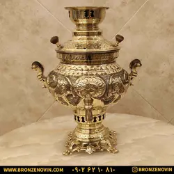 خرید و قیمت سماور شیر و خورشید برنجی زغالی قلم دست برجسته