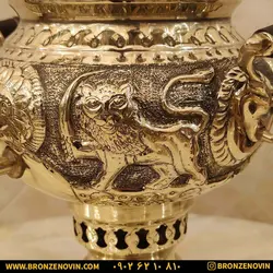 خرید و قیمت سماور شیر و خورشید برنجی زغالی قلم دست برجسته