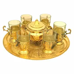 سرویس چای خوری برنجی قلم زرد با قیمت فوق العاده و ضمانت اصالت