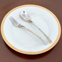 سرویس قاشق چنگال سنگ و ستاره نیکولاس نیمه طلایی طرح فرارا - چنگالک