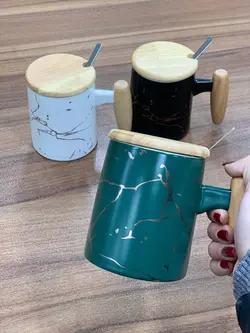 ماگ ماربل درب دار مدل دسته بامبو