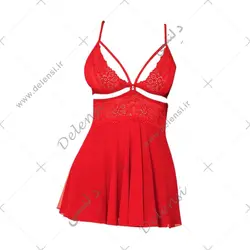 پیراهن خواب کوتاه حریر و گیپور قرمز با شورت لامبادا - دلنسی فروشگاه لباس خواب فانتزی