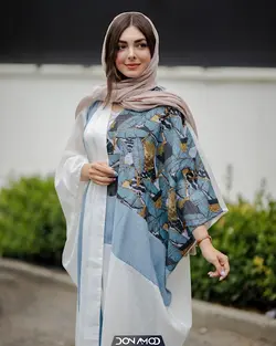 مانتو عبایی سفید/آبی طرحدار