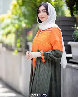 مانتو بلند هندی رنگارنگ سبز/نارنجی