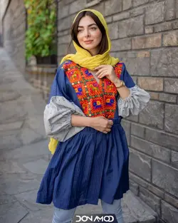 مانتو کوتاه آستین خامه دوزی آبی/طوسی