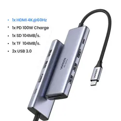 هاب مبدل یوگرین Type C to HDMI +USB 3.0*3 + SD/TF مدل CM195 کد 70410