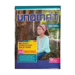 کاغذ چاپ عکس UNOMAT مدل Super Glossy سایز A4 بسته 20 عددی 255g