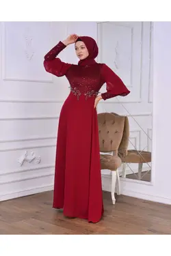 لباس مجلسی پوشیده پولک دوز پولکی زرشکی برند İSTANBULSTYLEMODA کد 1666987503