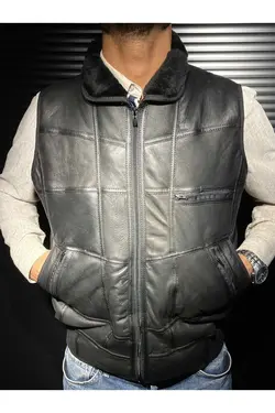 جلیقه خز بافت طرح‎دار داخل چرم اصل مشکی مردانه برند tahiroğlu deri 1987 کد 1667096105