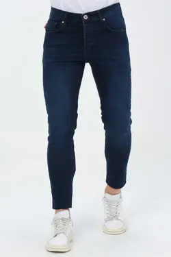 شلوار جین برش اسلیم فیت ساده دور کمر لایکرا سرمه ای تیره قالب تنگ مردانه برند BEHALLE کد 1667279724