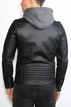 کت چرم کلاهدار برش قالب تنگ مشکی مردانه برند Delpino کد 1667970998