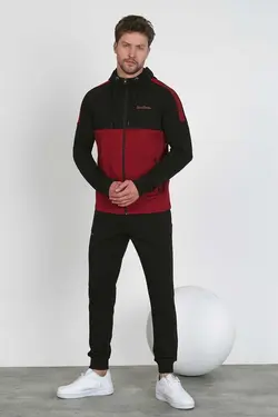ست لباس راحتی کلاهدار جیب دار زیپ پنبه ای مردانه زرشکی برند SPORTSTATİON کد 1668362705