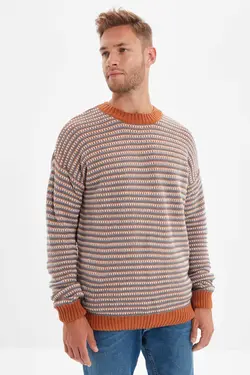 پلیور متناسب جاکاردار یقه گرد قهوه ای مردانه برند TRENDYOL MAN کد 1668272371