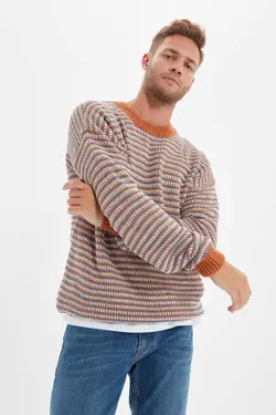 پلیور متناسب جاکاردار یقه گرد قهوه ای مردانه برند TRENDYOL MAN کد 1668272371