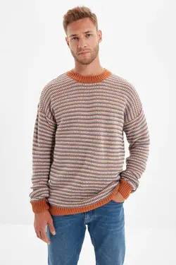 پلیور متناسب جاکاردار یقه گرد قهوه ای مردانه برند TRENDYOL MAN کد 1668272371