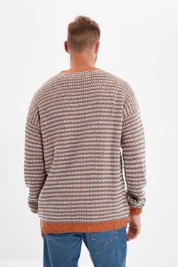 پلیور متناسب جاکاردار یقه گرد قهوه ای مردانه برند TRENDYOL MAN کد 1668272371