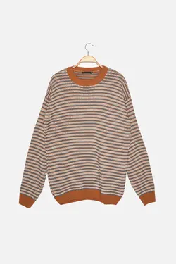 پلیور متناسب جاکاردار یقه گرد قهوه ای مردانه برند TRENDYOL MAN کد 1668272371