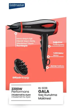 دستگاه خشک کن سر/مو 22000 قرمز دیفیوزر برند GoldMaster کد 1668270131