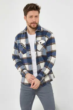 پیراهن دکمه‎دار اسلیم فیت یقه شطرنجی دو جیبه آبی مردانه قهوه‎ای برند COOL TARZ کد 1668436329