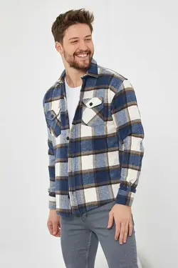 پیراهن دکمه‎دار اسلیم فیت یقه شطرنجی دو جیبه آبی مردانه قهوه‎ای برند COOL TARZ کد 1668436329