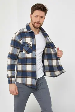 پیراهن دکمه‎دار اسلیم فیت یقه شطرنجی دو جیبه آبی مردانه قهوه‎ای برند COOL TARZ کد 1668436329