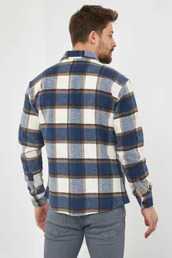 پیراهن دکمه‎دار اسلیم فیت یقه شطرنجی دو جیبه آبی مردانه قهوه‎ای برند COOL TARZ کد 1668436329