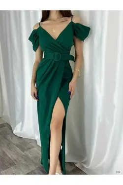 لباس مجلسی پارچه کرپ طرح چاکدار از جلو کمربند‎دار دوشی سبز وارداتی , زنانه برند merlavin کد 1668616370