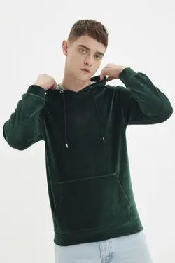 سوییشرت کلاهدار متناسب مردانه قلاب دوزی شده سبز زمردی برند TRENDYOL MAN کد 1646467002