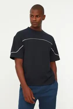 سوییشرت مردانه یقه گرد خط‎دار آستین کوتاه سرمه ای برند TRENDYOL MAN کد 1646466960